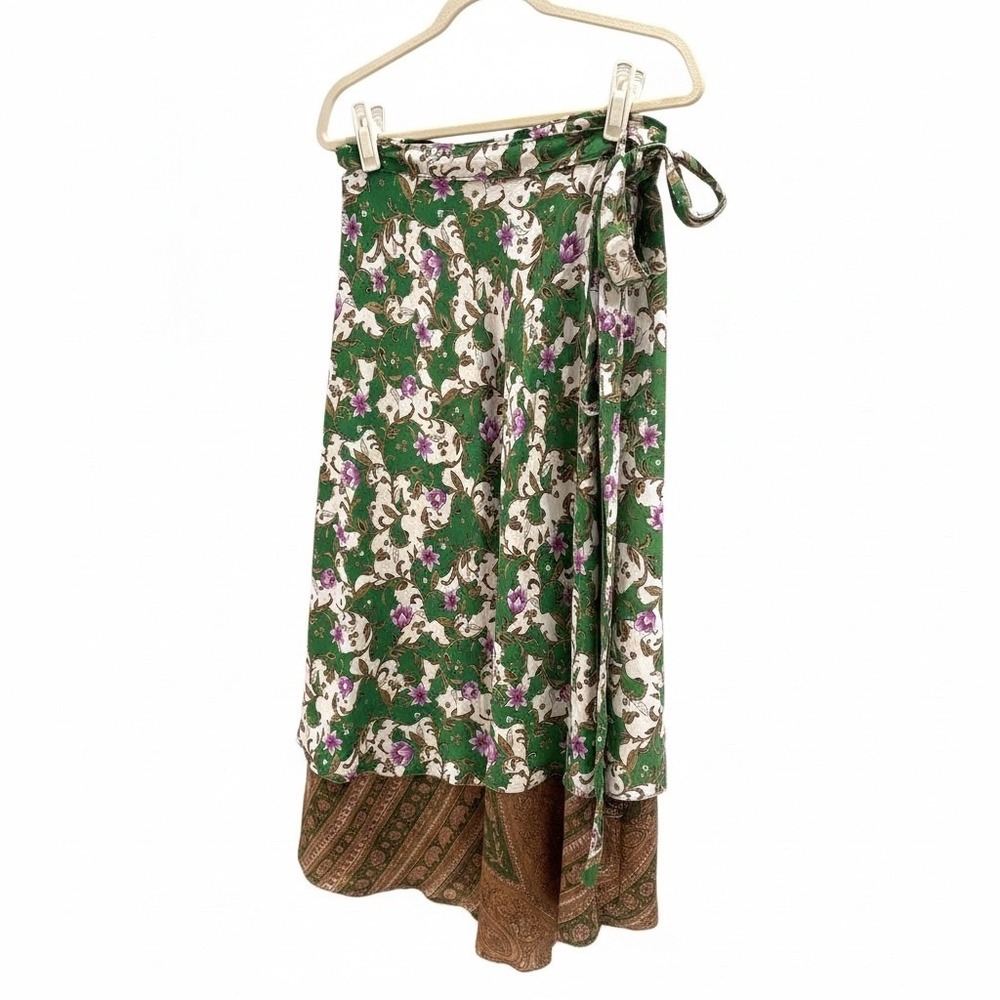 Earthbound Trading Co Boho Wrap‎ Skirt Green Floral Cottagecore Indie Festival